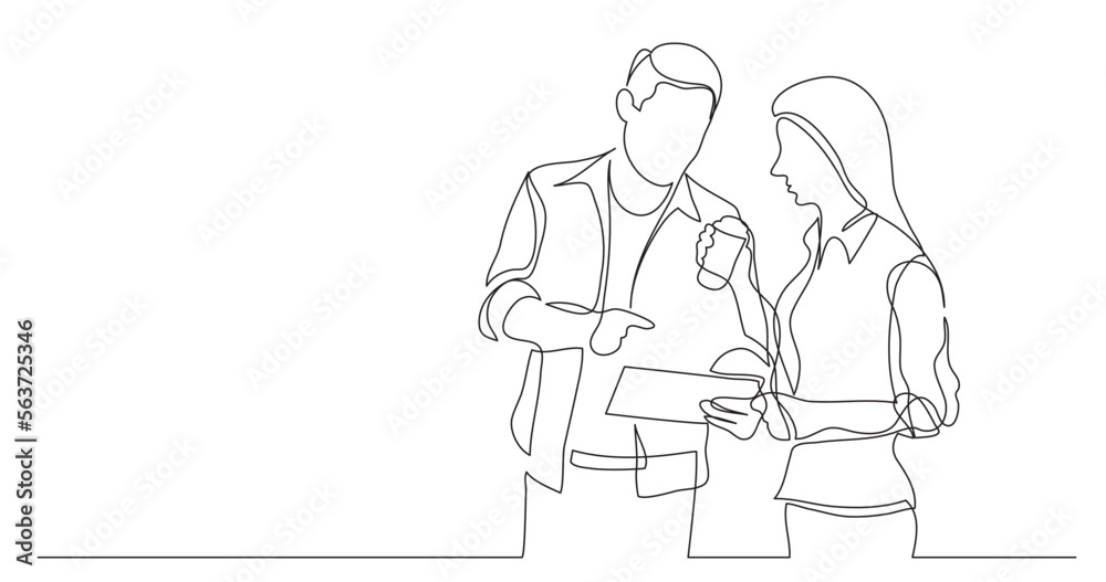 continuous line drawing vector illustration with FULLY EDITABLE STROKE of two coworkers talking together about work