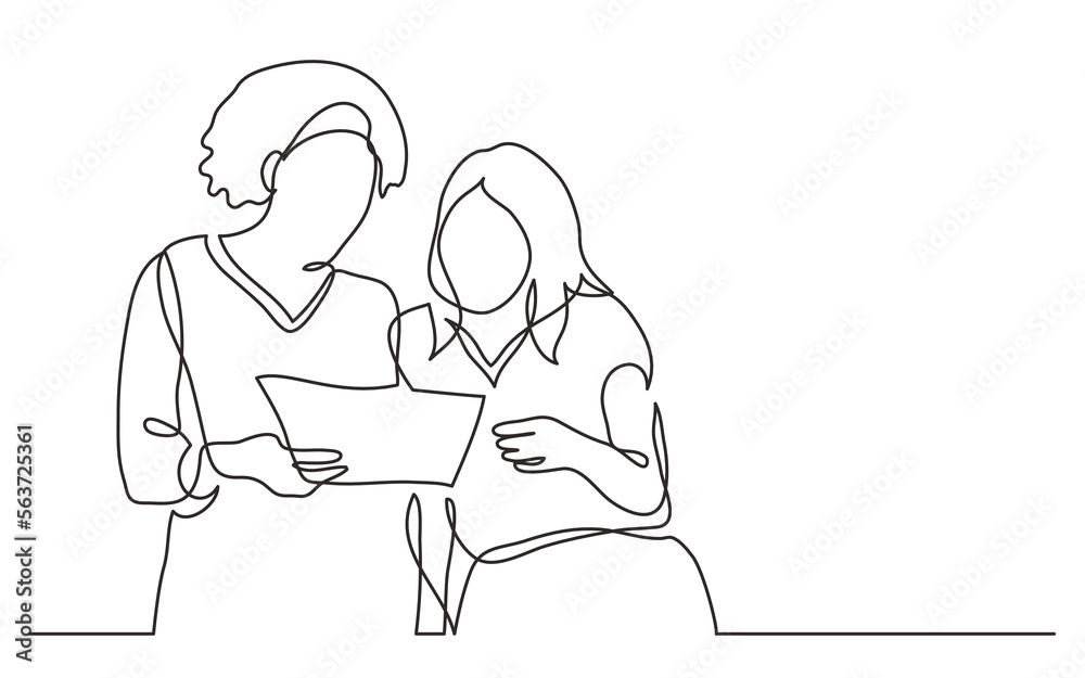 continuous line drawing vector illustration with FULLY EDITABLE STROKE of two diverse team members discuss work project on paper during metting continuous line drawing
