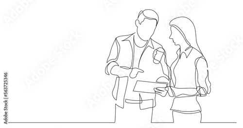 continuous line drawing vector illustration with FULLY EDITABLE STROKE of two coworkers talking together about work