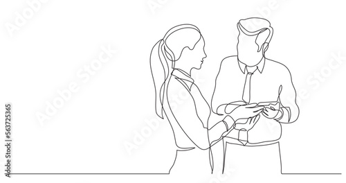 continuous line drawing vector illustration with FULLY EDITABLE STROKE of two modern employees talking about smart phone app