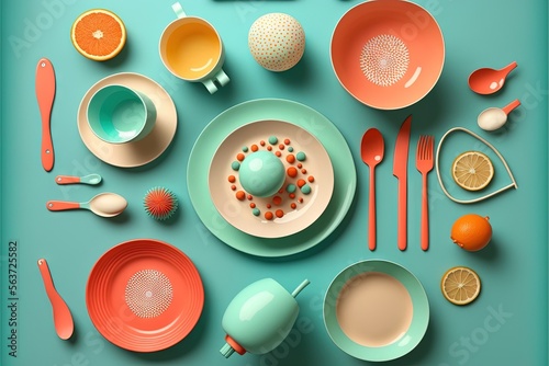  a table with a plate, bowl, spoons, utensils, and oranges on it, and a blue background with a green border and oranges and white border,. Generative AI