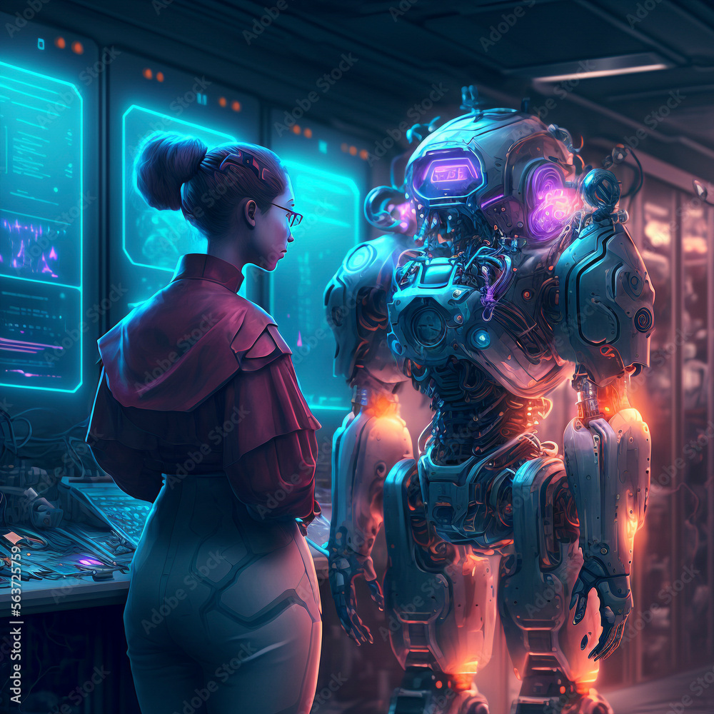Collaboration between human and AI, a girl and robot working together ...