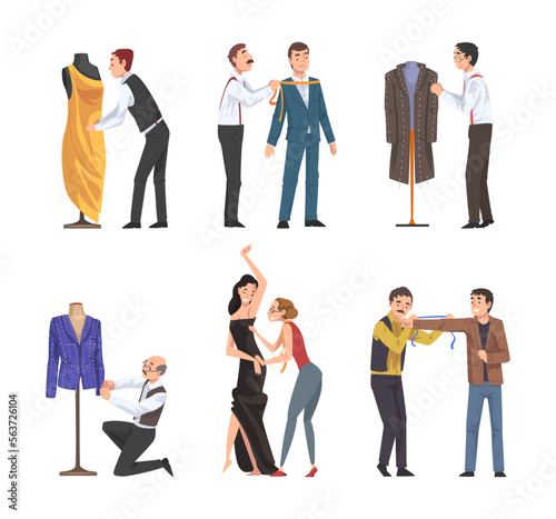 Man and Woman Fashion Designer or Tailor Working with Fabric and Client Vector Set