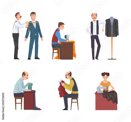 Man and Woman Fashion Designer or Tailor Working with Fabric and Client Vector Set