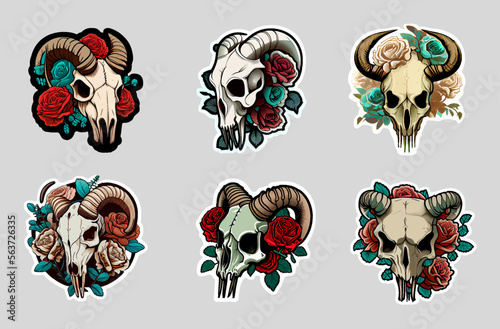 Tattoo skull of a ram or bull with roses isolated on white background. Skull of a sheep. Horns. Old School Tattooing Style. Stickers. Boho print, poster, t-shirt, textiles. Vector illustration 