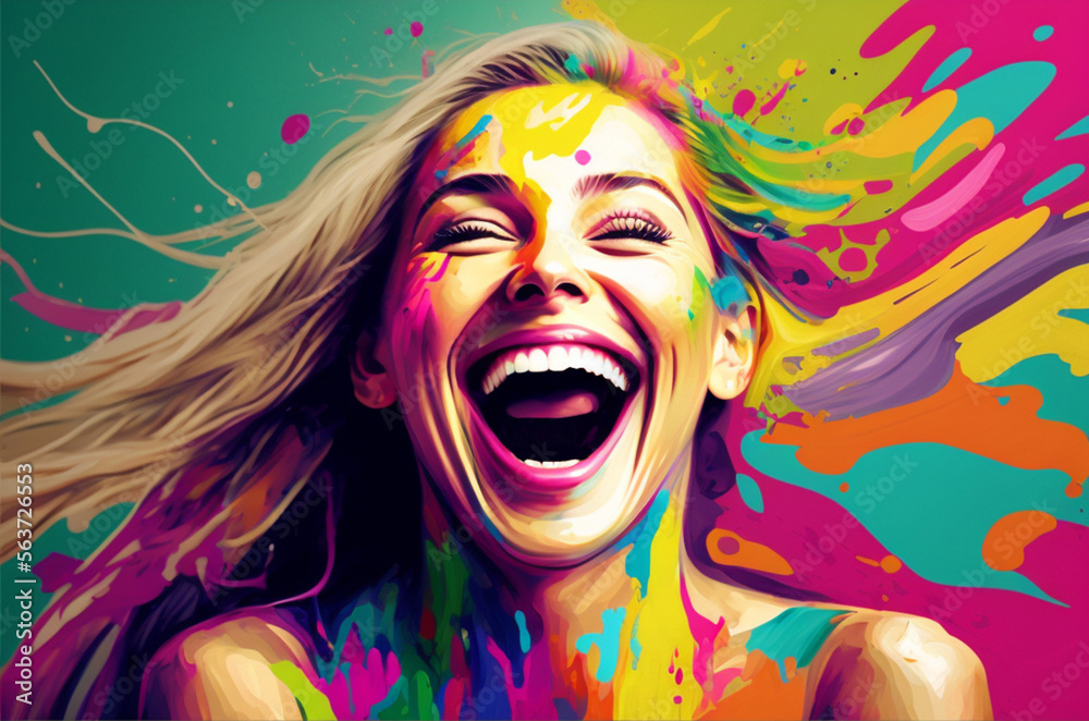 extremely happy young woman, colorful spectacle of emotions with color ...