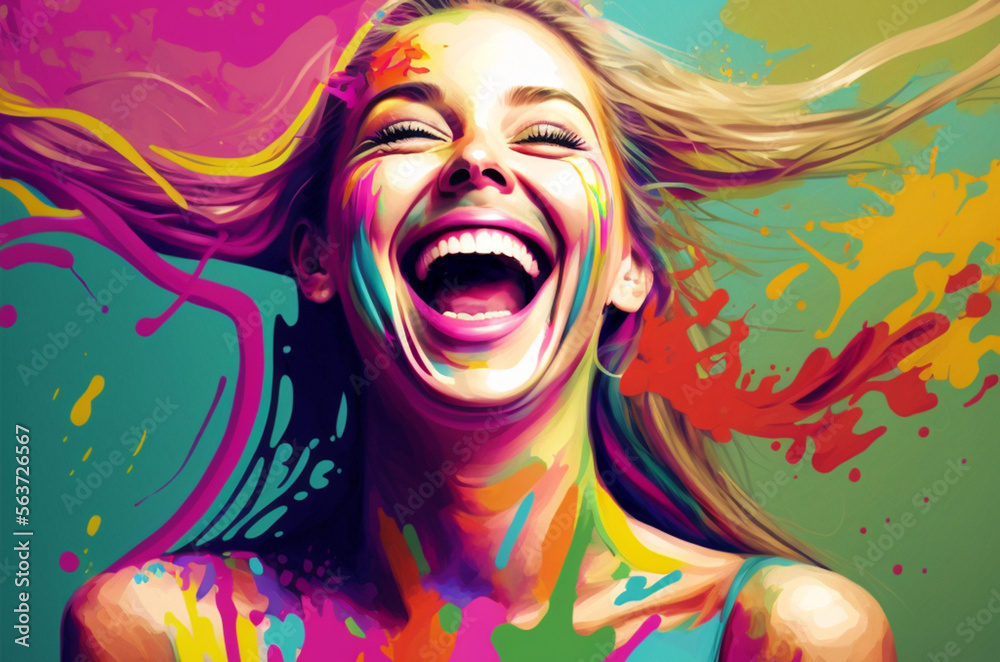 extremely happy young woman, colorful spectacle of emotions with color splash, colorful splashes with a laughing face of attractive female woman. Generative AI