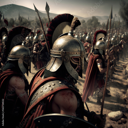 fictional Greek warriors or combatants in armor and with weapons, men at war. Generative AI photo