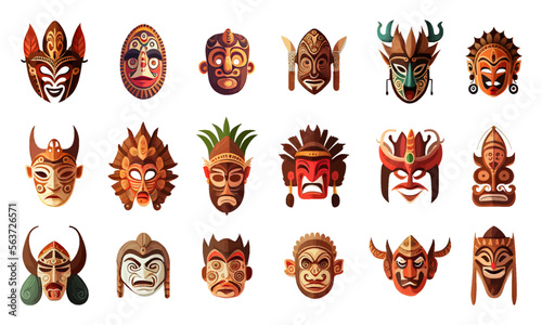 Colorful set of ethnic masks in cartoon style isolated on white background. Mayan masks. Traditional ritual, ceremonial tribal Mexican Indian or African colorful masks, Mayan culture. Vector
