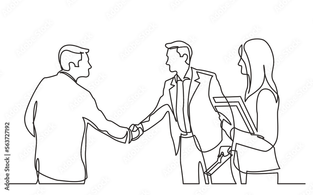 continuous line drawing vector illustration with FULLY EDITABLE STROKE of  business meeting with handshake
