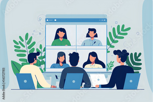 The illustration is a representation of a group of business people in an online video conference meeting, engaged in brainstorming and collaboration. Generative AI. photo