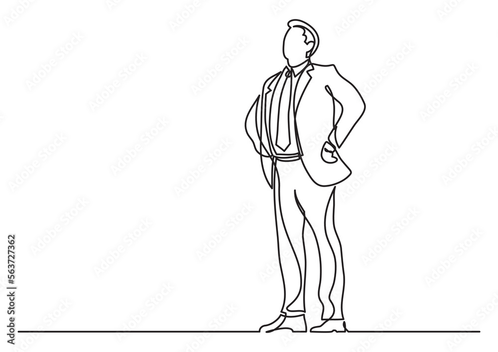 continuous line drawing vector illustration with FULLY EDITABLE STROKE of happy confident standing businessman continuous line drawing vector illustration with FULLY EDITABLE STROKE of happy confident standing businessman