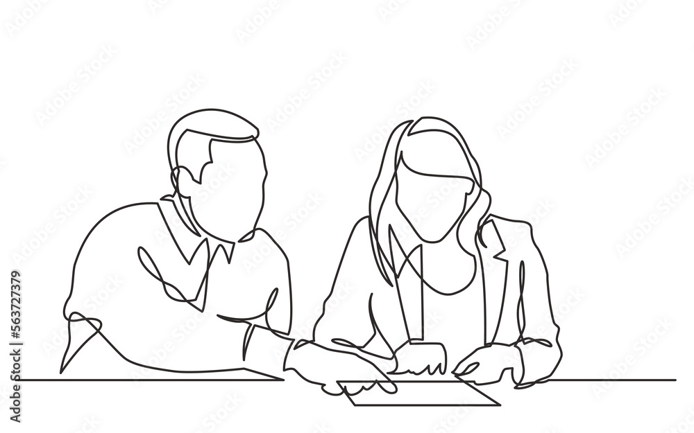 continuous line drawing vector illustration with FULLY EDITABLE STROKE of  man nstructing woman on work place