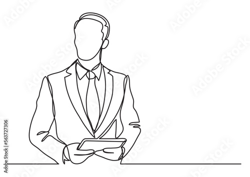 continuous line drawing vector illustration with FULLY EDITABLE STROKE of  businessman with tablet