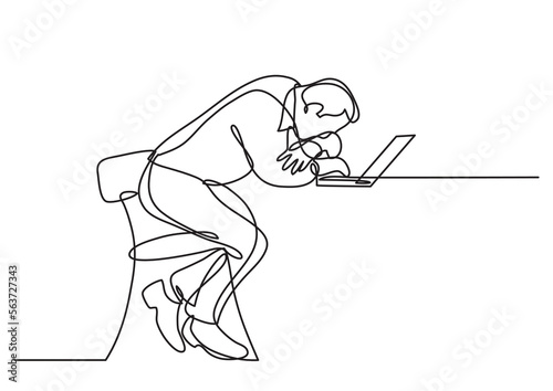 continuous line drawing vector illustration with FULLY EDITABLE STROKE of  depressed businessman sitting bihind laptop computer