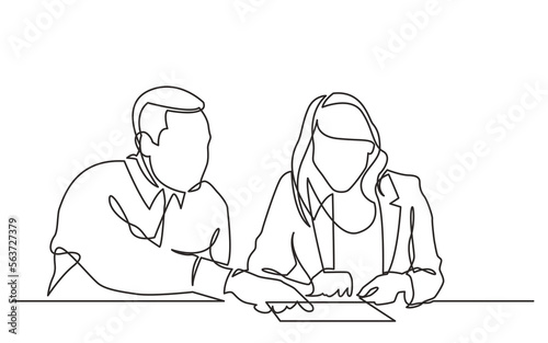 continuous line drawing vector illustration with FULLY EDITABLE STROKE of  man nstructing woman on work place