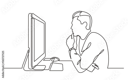 continuous line drawing vector illustration with FULLY EDITABLE STROKE of  office worker concentrated behind computer