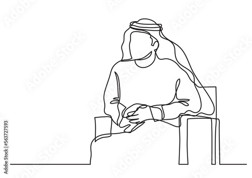 continuous line drawing vector illustration with FULLY EDITABLE STROKE of  sitting arab businessman in keffiyeh