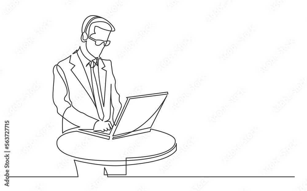 continuous line drawing vector illustration with FULLY EDITABLE STROKE of  standing call center worker with laptop computer