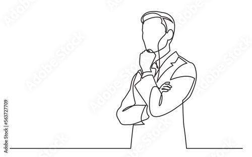 continuous line drawing vector illustration with FULLY EDITABLE STROKE of  standing businessman thinking hard