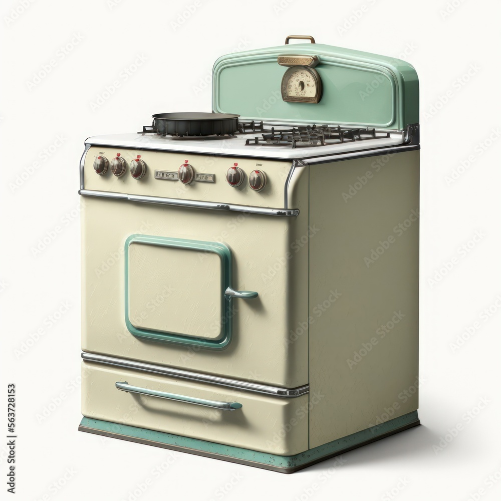 Detailed illustration of a vintage retro stove oven from 1968 isolated on a  white background, generative ai Stock Illustration | Adobe Stock