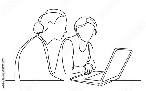 continuous line drawing vector illustration with FULLY EDITABLE STROKE of  two women sitting watching laptop computer