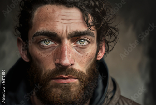 simple ordinary man with rather gloomy and negative or pensive mood and facial expression, sad eyes, surrounded by dark background, a fictitious person, an adult man with beard and unkempt exterior