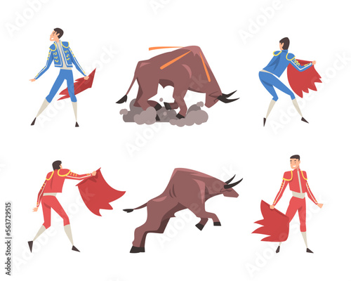 Bullfighting with Toreador Fighting with Furious Bull Vector Set