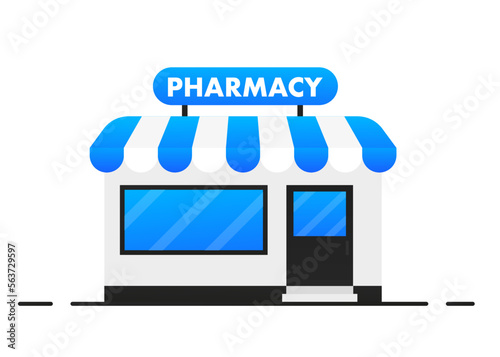 Pharmacy or market store front exterior facade, store door front building local window. Vector illustration