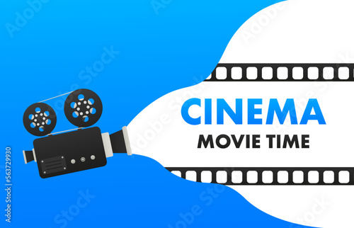 Movie projector, Retro cinema. Cinematography festival. Movie time. Video icon. Film making industry. Cinematography and filmmaking equipment. Film design element. Movie tape. Vector illustration