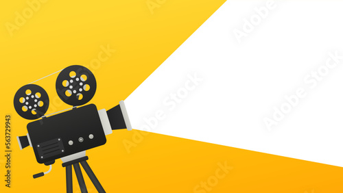Retro cinema icon with text place. Cinematography festival. Movie time. Video icon. Film making industry. Cinematography and filmmaking equipment. Film design element. Movie tape. Vector illustration