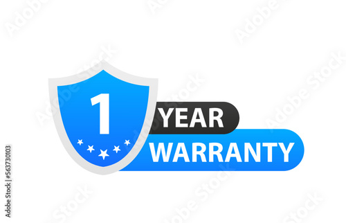Guaranteed safety Warranty 1 year. Blue shield design isolated on white background. 1 Year warranty in yellow and Blue background. 1 Year warranty logo. 1 Year warranty badge. Vector illustration