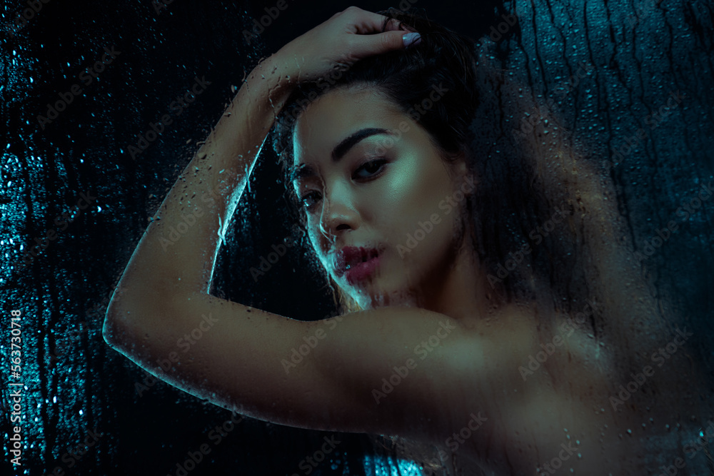 Photo of stunning gentle lady have bath time haircut washing isolated on dark background with water drops