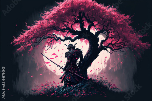 Samurai art sakura tree illustration photo