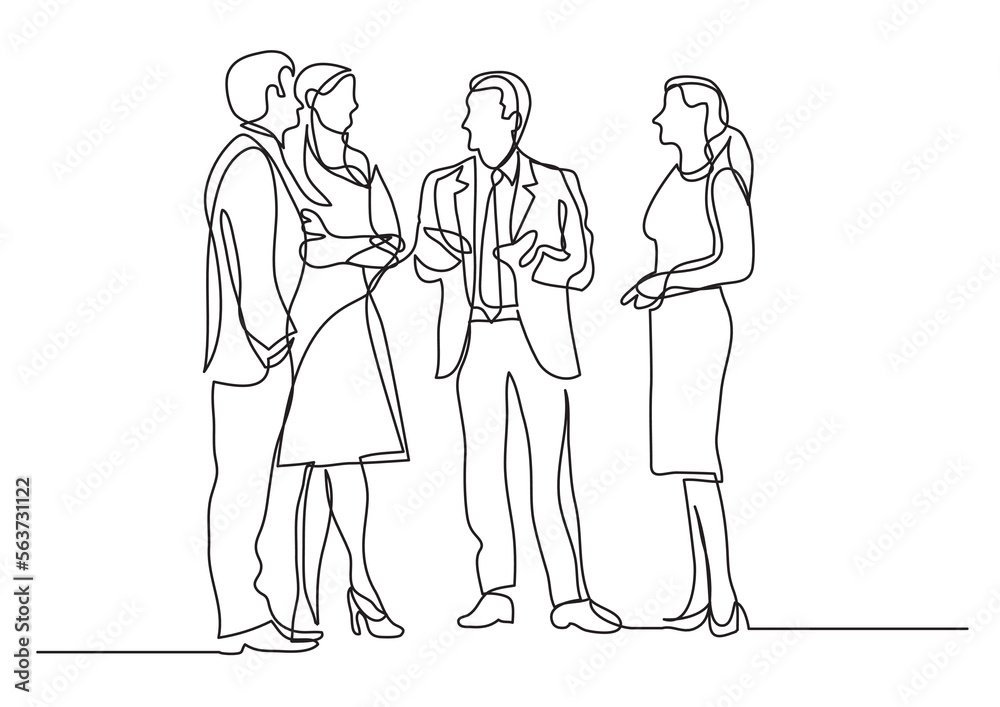continuous line drawing vector illustration with FULLY EDITABLE STROKE of business professionals standing meeting