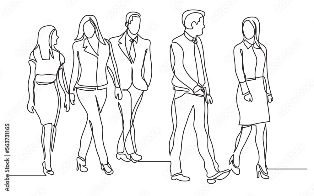 continuous line drawing vector illustration with FULLY EDITABLE STROKE of business team walking together 2 - obrazy, fototapety, plakaty 