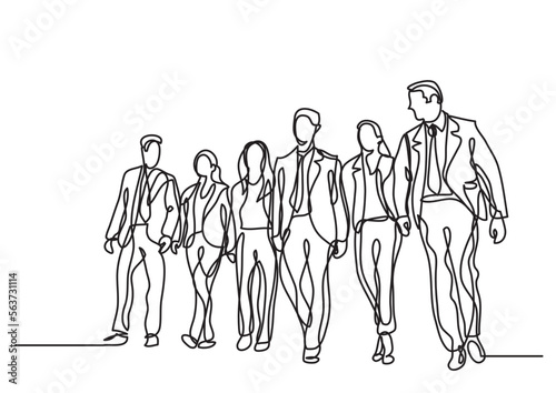 continuous line drawing vector illustration with FULLY EDITABLE STROKE of business positive team walking