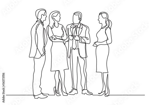 continuous line drawing vector illustration with FULLY EDITABLE STROKE of business professionals standing discussion