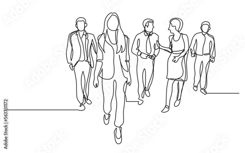 continuous line drawing vector illustration with FULLY EDITABLE STROKE of business team walking together 3