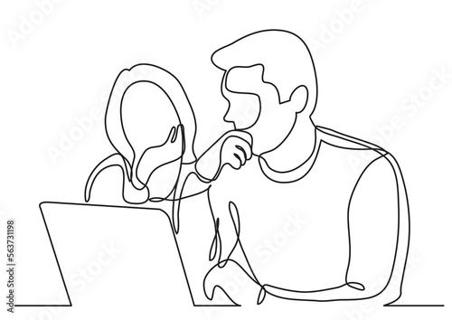 continuous line drawing vector illustration with FULLY EDITABLE STROKE of coworkers watching laptop together