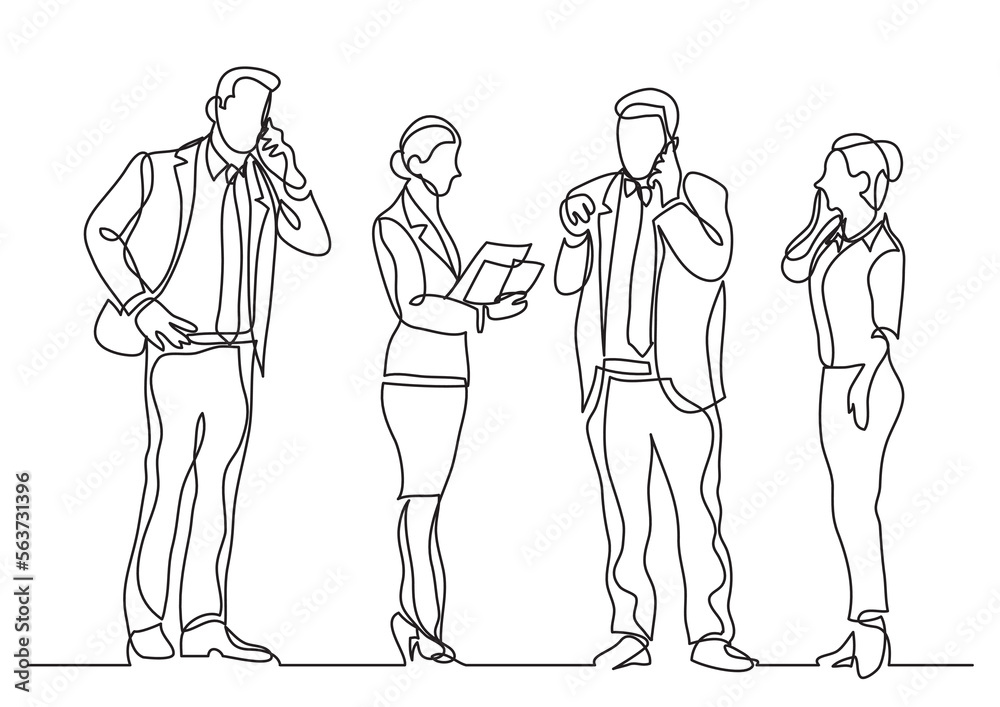 continuous line drawing vector illustration with FULLY EDITABLE STROKE of standing business persons making phone calls continuous line drawing vector illustration with FULLY EDITABLE STROKE of standing business persons making phone calls