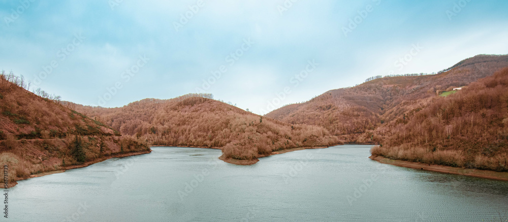 A view of a beautiful lake surrounded by  mountains covered of red fern.