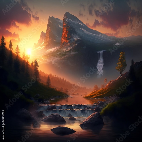 Nature and landscape, beautiful sunsets, mountains, and waterfalls, Generative AI