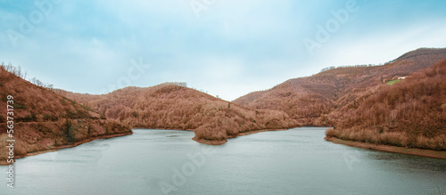 A view of a beautiful lake surrounded by mountains covered of red fern.