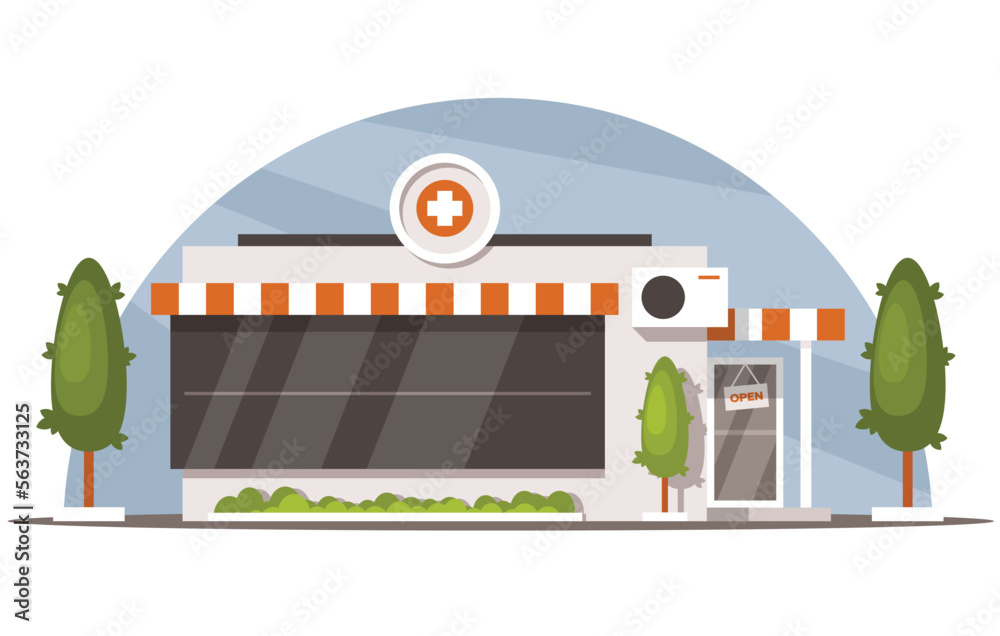 Pharmacy building vector on blue background. Pharmacy shop front facade. Drugstore building exterior. Vector graphics
