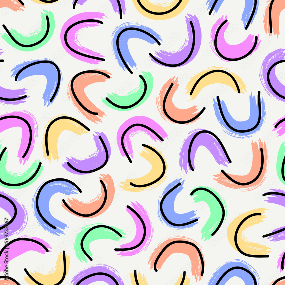 Brushstrokes motif geometric print. Paint brush curve smears seamless pattern. Freehand grunge design background. Trendy handdrawn modern simple geo ornament Brushstrokes motif geometric print. Paint brush curve smears seamless pattern. Freehand grunge design background. Trendy handdrawn modern simple geo ornament