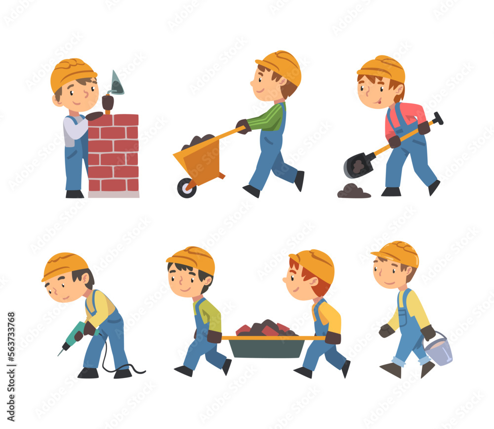 Boy Builder Character in Overall and Hard Hat Working with Construction Tools Vector Set