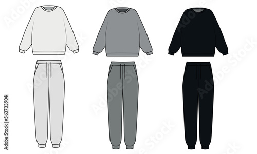 set of clothes for people. Vector outline drawing of a sweatshirt and sweatpants. Tracksuit template in grey, white and black colors. Crewneck sweatshirt and joggers sketch on white background, vector