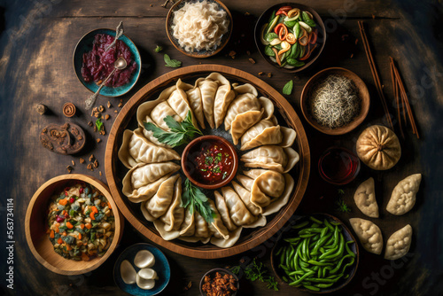 Tasty Treats: A platter of delicious dumplings and sides, Generative AI © BPawesome