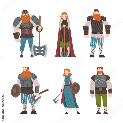 Viking Male and Female Character with Weapons Vector Set